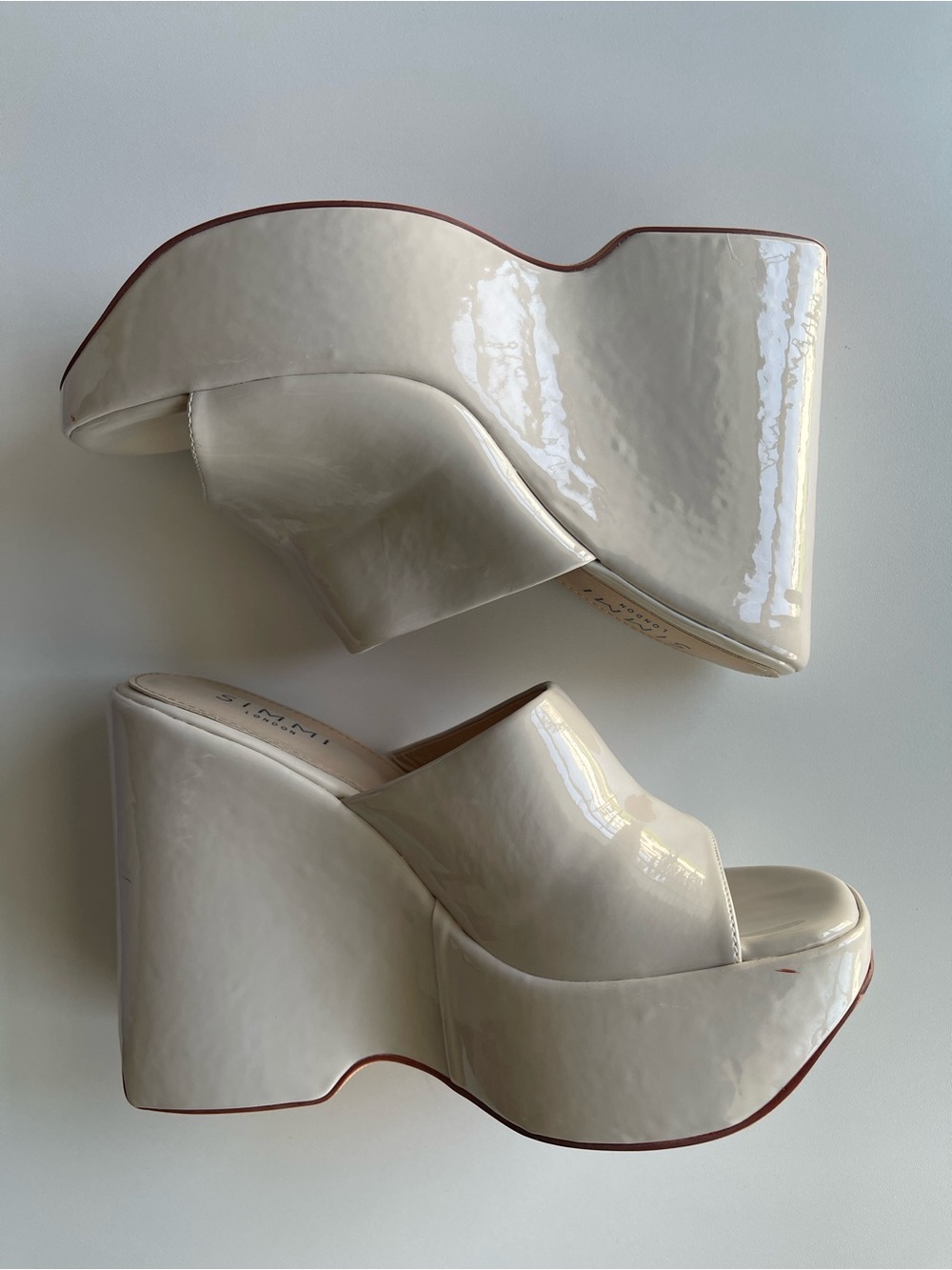 Patent Cream Platform Wedge Mules